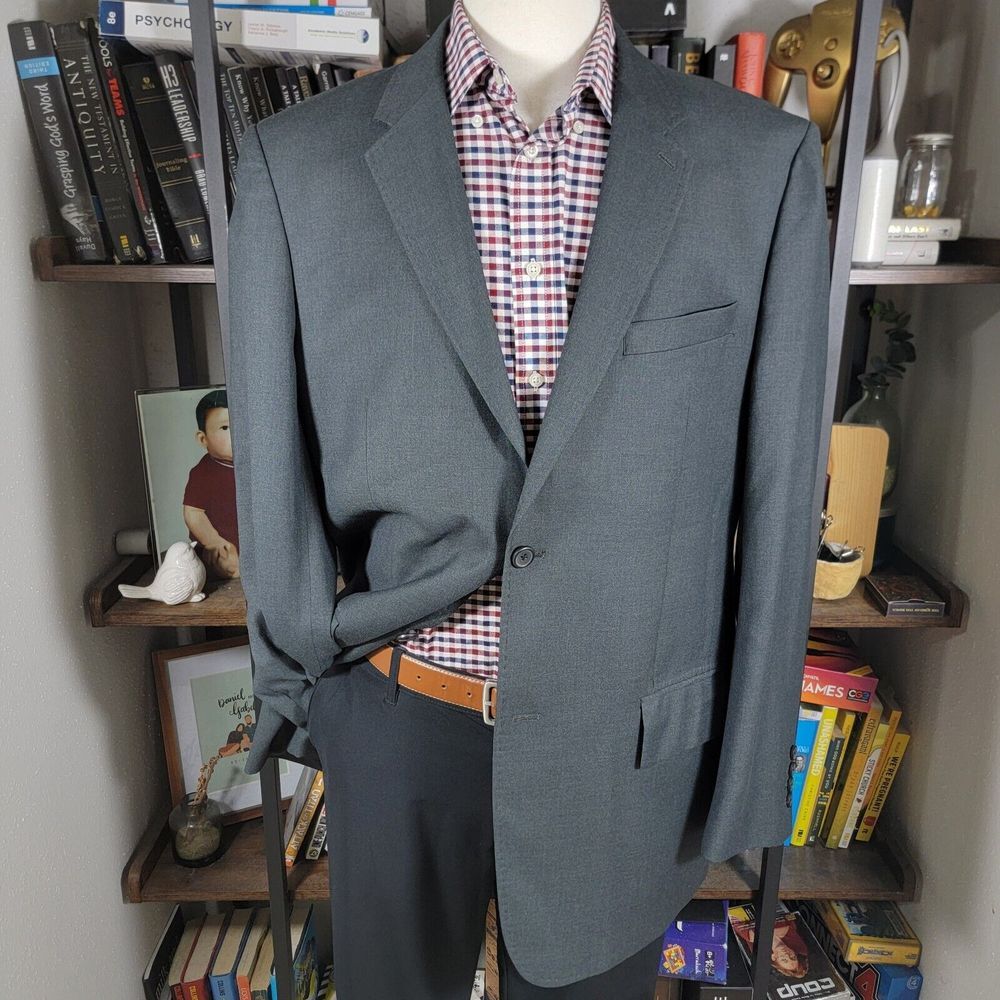Perry Ellis Mens Sport Coat Blazer Two Button Charcoal Gray Twill Poly Blend 44R